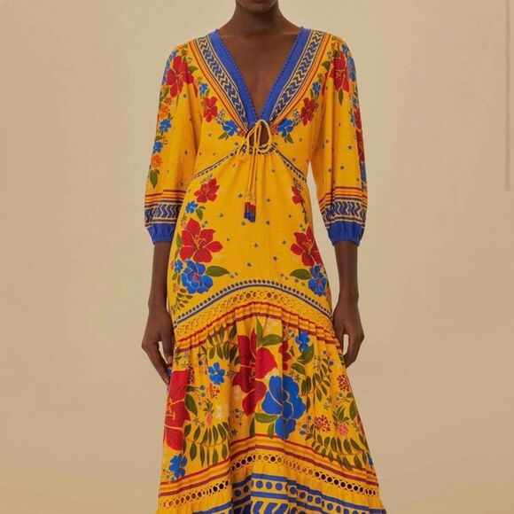 NEW FARM Rio Floral Yard Yellow Maxi Dress Embroidered Eyelet Beaded Tassel XS/S - Picture 3 of 16